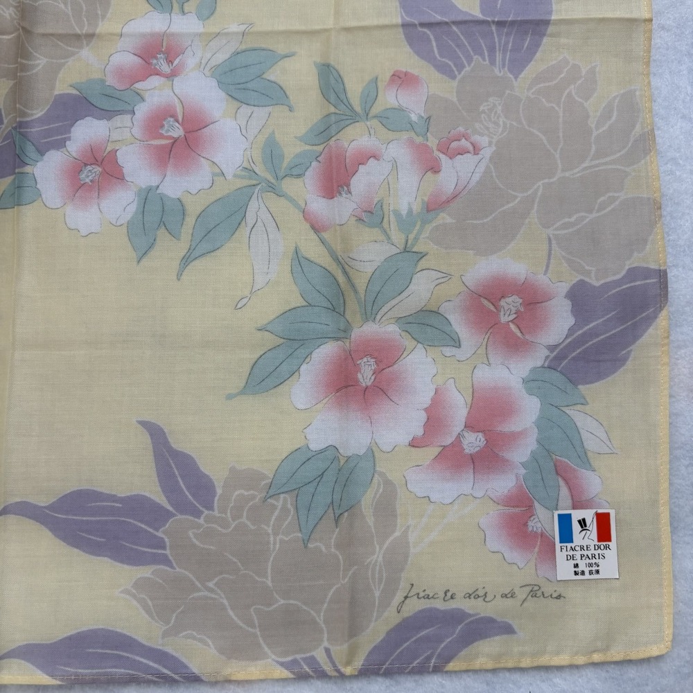 FIACRE DOR DE PARIS Scarf Handkerchief Floral Cotton Yellow Accessory 17"
